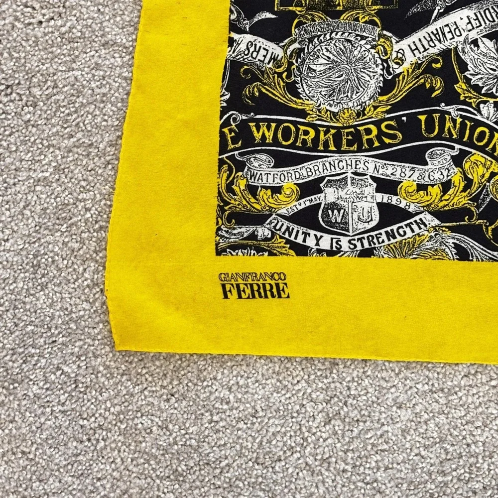 Gianfranco Ferre Scarf Womens O/S Black Yellow Square Satin Workers Union Print